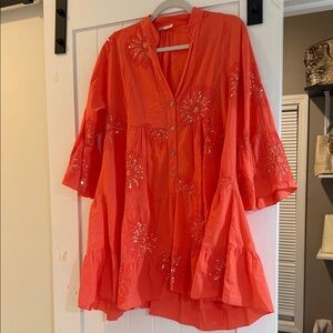 Miami Designer Embroidered Orange Mini Dress Beachy Sequin Button Down